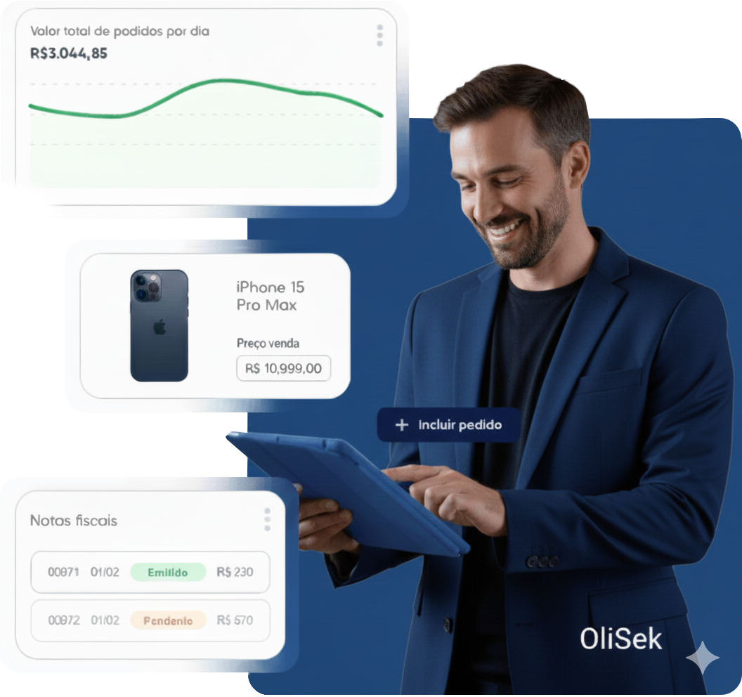 Tela do sistema OliSek com dashboard de vendas e estoque de uma loja de celulares